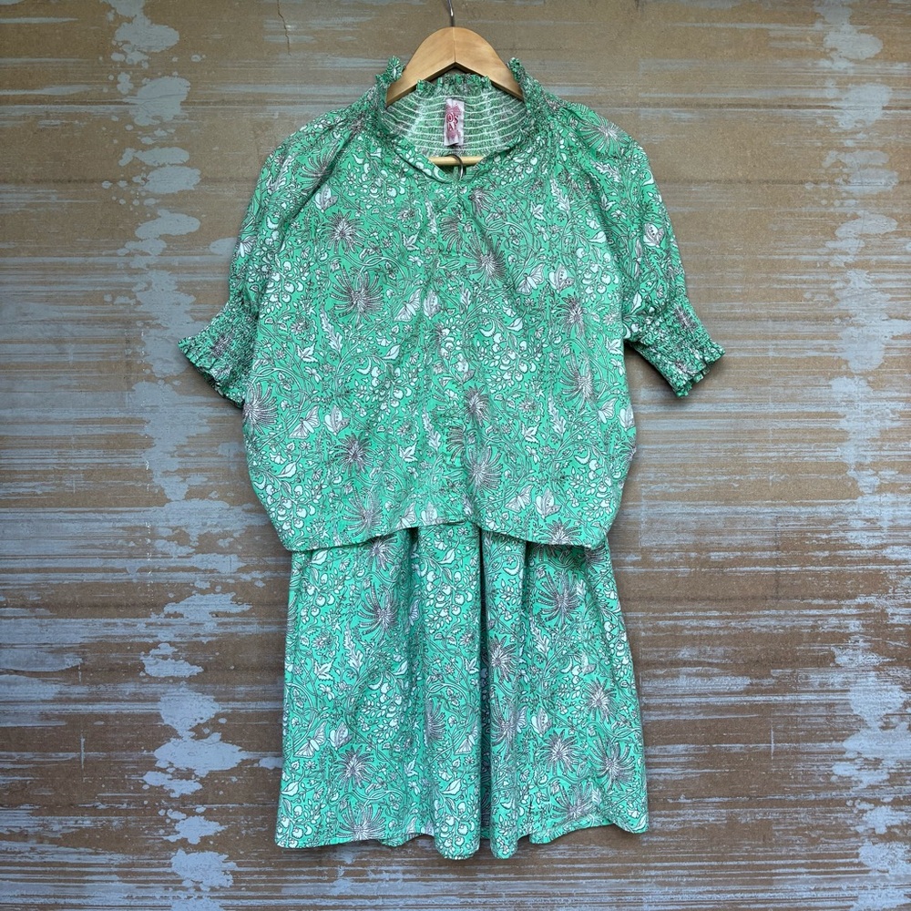 Mod’s Mahal Green Floral Indian Cotton 2 Piece Set Boho Preppy Classic Womens XS